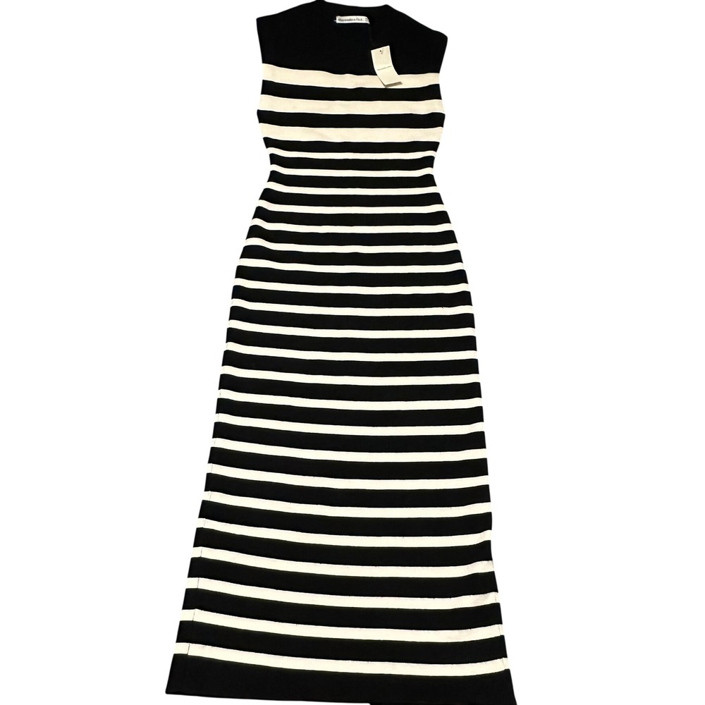 Abercrombie & Fitch Women Black White Striped Sleeveless Knit Midi Dress XSP NWT
